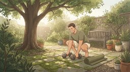 Wide view of a man in an olive t-shirt crouching on a mossy garden patio under a large tree to pick up a pair of dumbbells beside a rolled exercise mat, starting to train again after a break