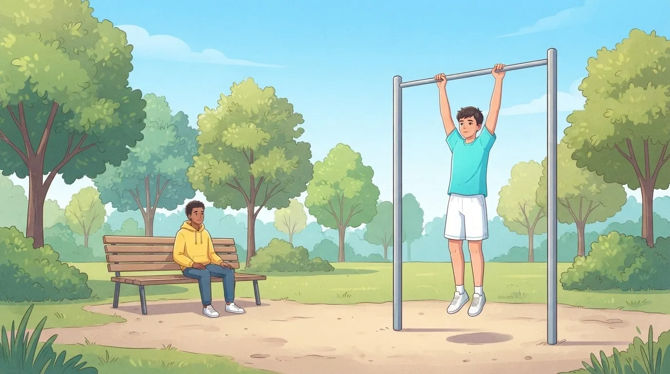 A teenage boy in an aqua t-shirt hangs from an outdoor pull-up bar in a sunny park while a friend in a yellow hoodie watches from a bench, a popular way people try to stretch themselves taller