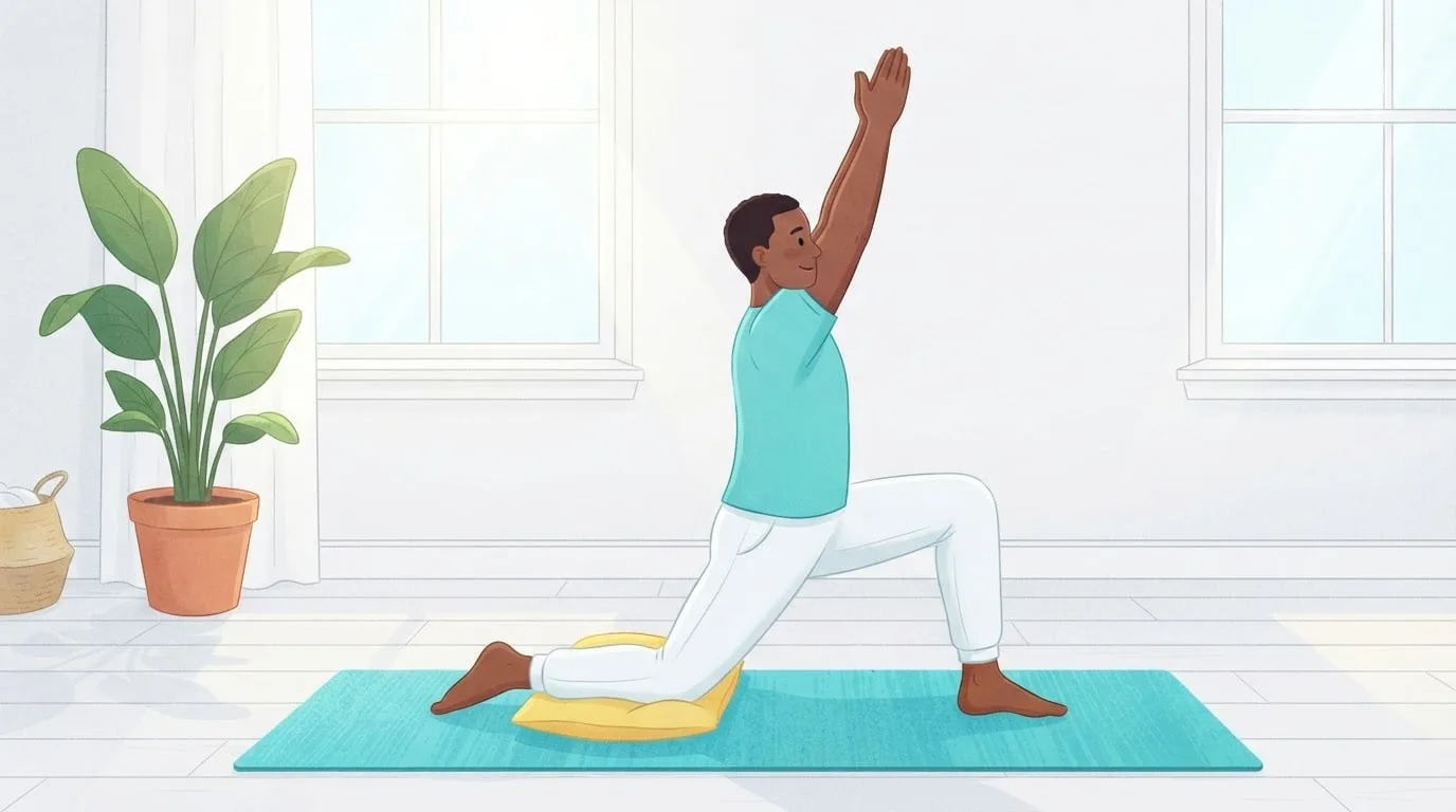 A man in an aqua t-shirt does a kneeling hip flexor stretch with both arms overhead on a turquoise yoga mat in a bright, sunlit living room, his back knee on a yellow cushion