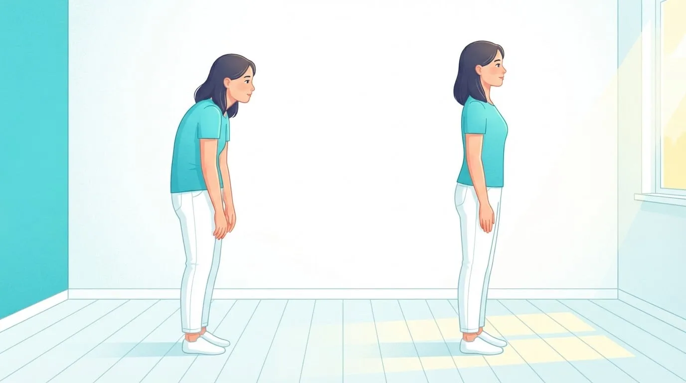 Side-by-side comparison of the same young woman in profile in a bright room, slouching with rounded shoulders and a forward head on the left and standing tall with an upright spine on the right