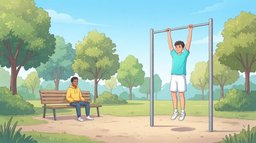 A teenage boy in an aqua t-shirt hangs from an outdoor pull-up bar in a sunny park while a friend in a yellow hoodie watches from a bench, a popular way people try to stretch themselves taller