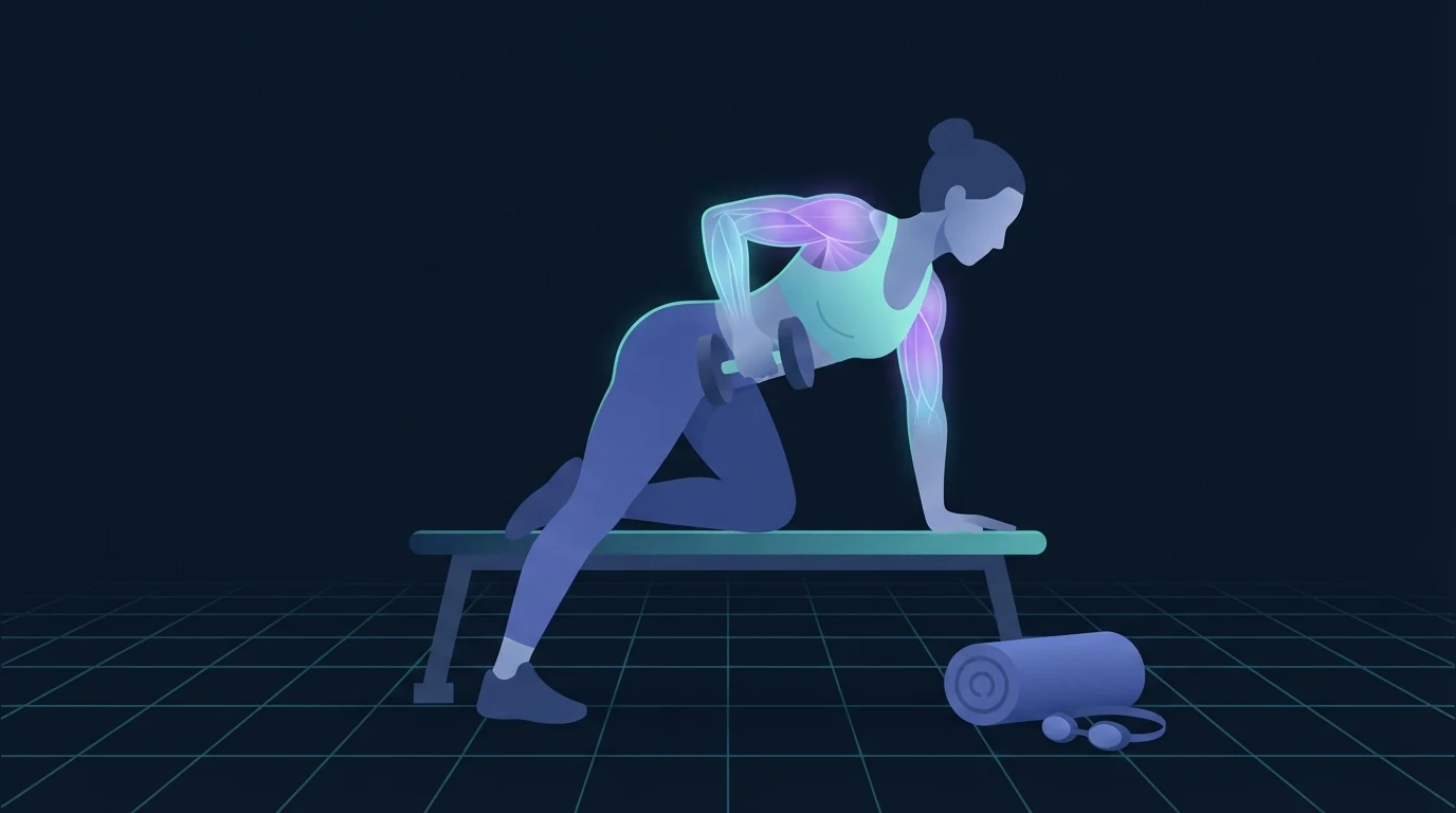 Uma figura apoiada num banco baixo fazendo um remada unilateral com halter, as costas superiores e o ombro posterior brilhando, com uma toalha enrolada e um par de óculos de natação no chão ao lado
