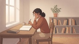 A young woman deep in thought at a wooden desk under a tall window, chin resting on one hand and a pencil in the other, beside an open notebook in a quiet terracotta-toned study