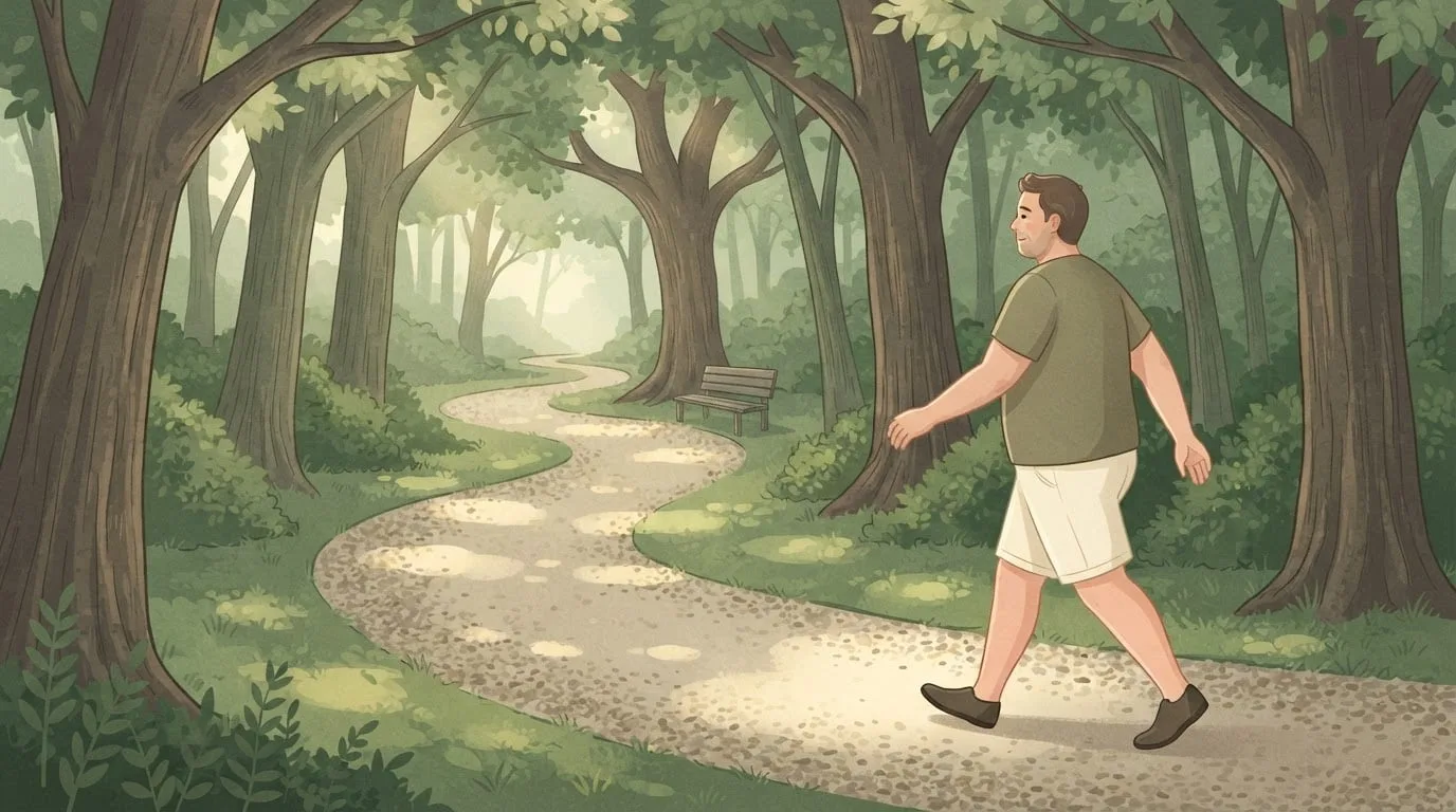 Wide view of a man in his forties in an olive t-shirt and cream shorts walking briskly along a winding gravel path through a leafy park, with a wooden bench in the distance and sunlight dappling the ground