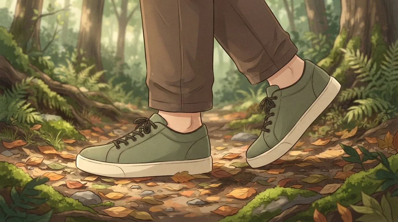 Close-up at ground level of feet in plain olive walking shoes mid-stride on a forest path scattered with fallen leaves, small stones and moss