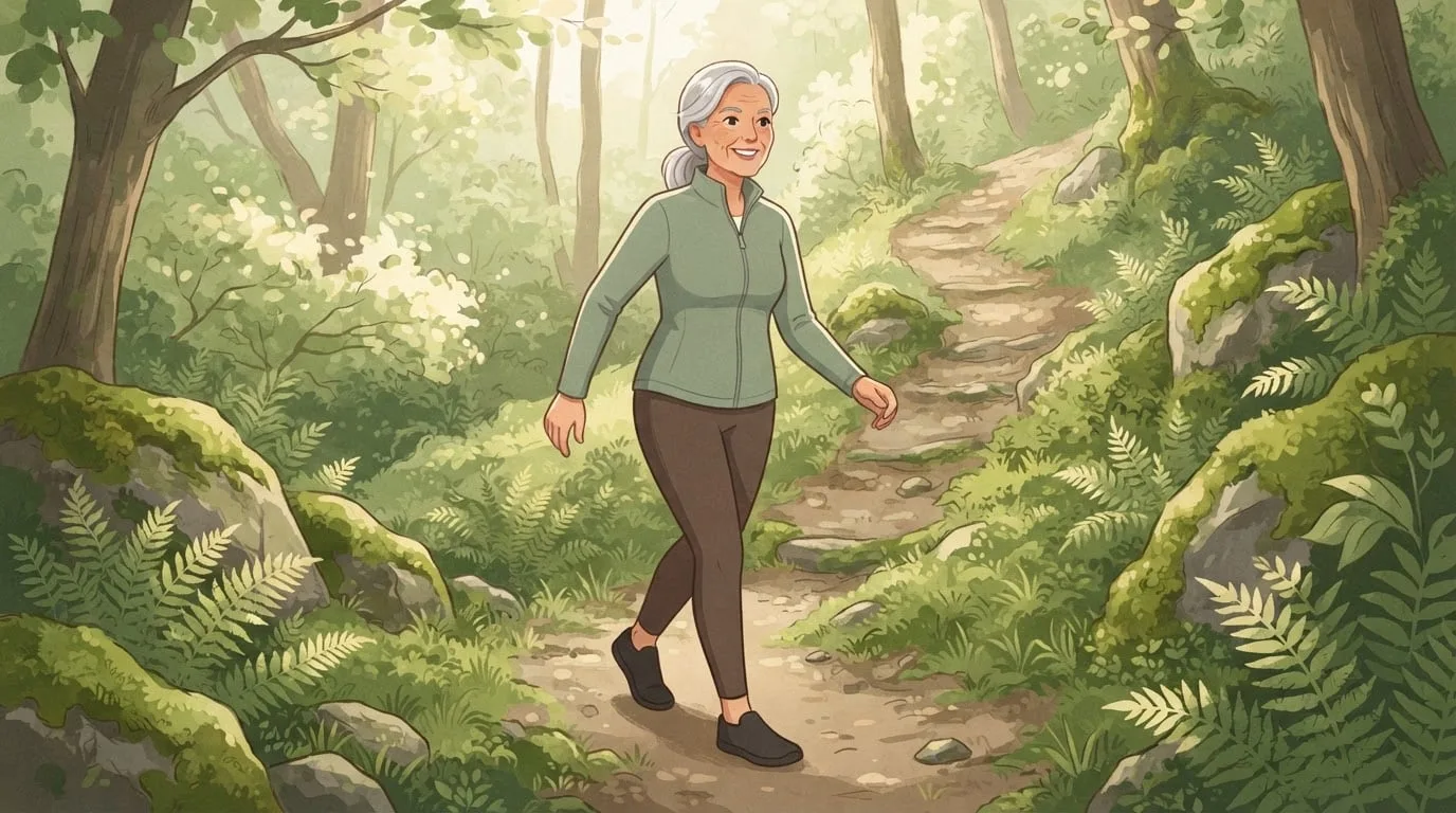 Medium view of a smiling woman in her sixties with silver hair walking briskly on a hilly woodland trail lined with ferns and mossy rocks, in a sage green zip top and brown leggings