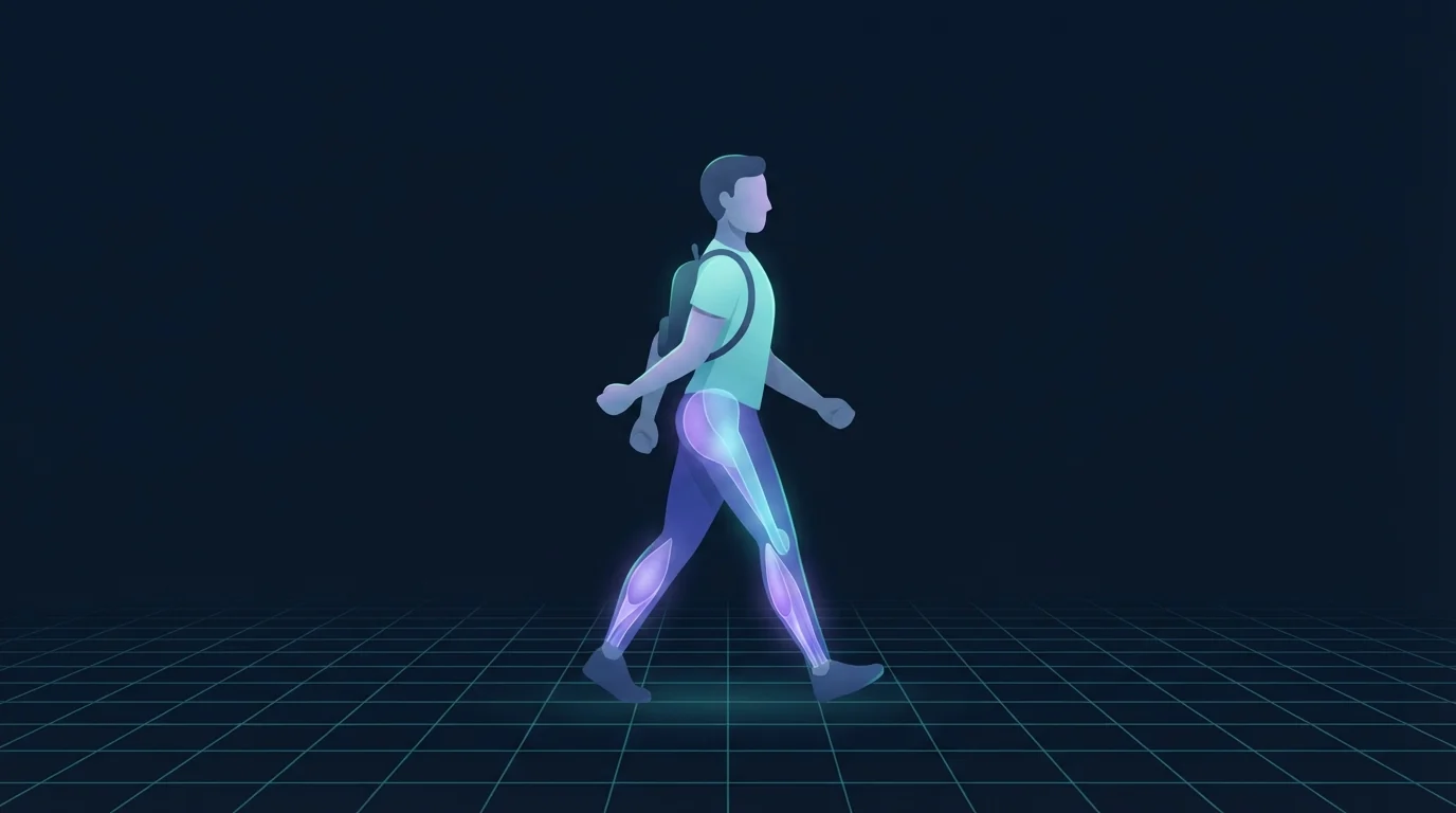 Ilustração de um adulto caminhando rapidamente com os cotovelos dobrados e uma mochila pequena, com as panturrilhas, os glúteos e o core destacados para mostrar os músculos em ação