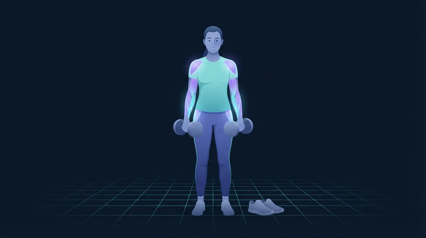 Ilustração de um adulto segurando um haltere em cada mão em um carry com carga, com os ombros, as costas e os antebraços destacados, com tênis de caminhada por perto