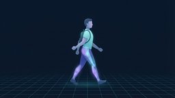 Illustration of an adult walking briskly with bent elbows and a daypack, calves, glutes and core glowing to show the muscles doing the work
