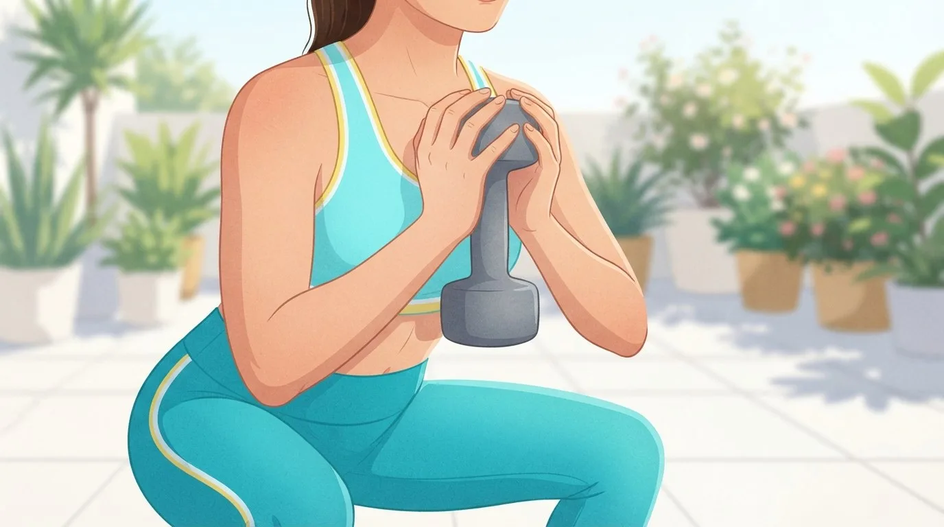 Close-up of a woman on a sunny patio holding one dumbbell upright against her chest with both hands as she lowers into a goblet squat to tone her thighs