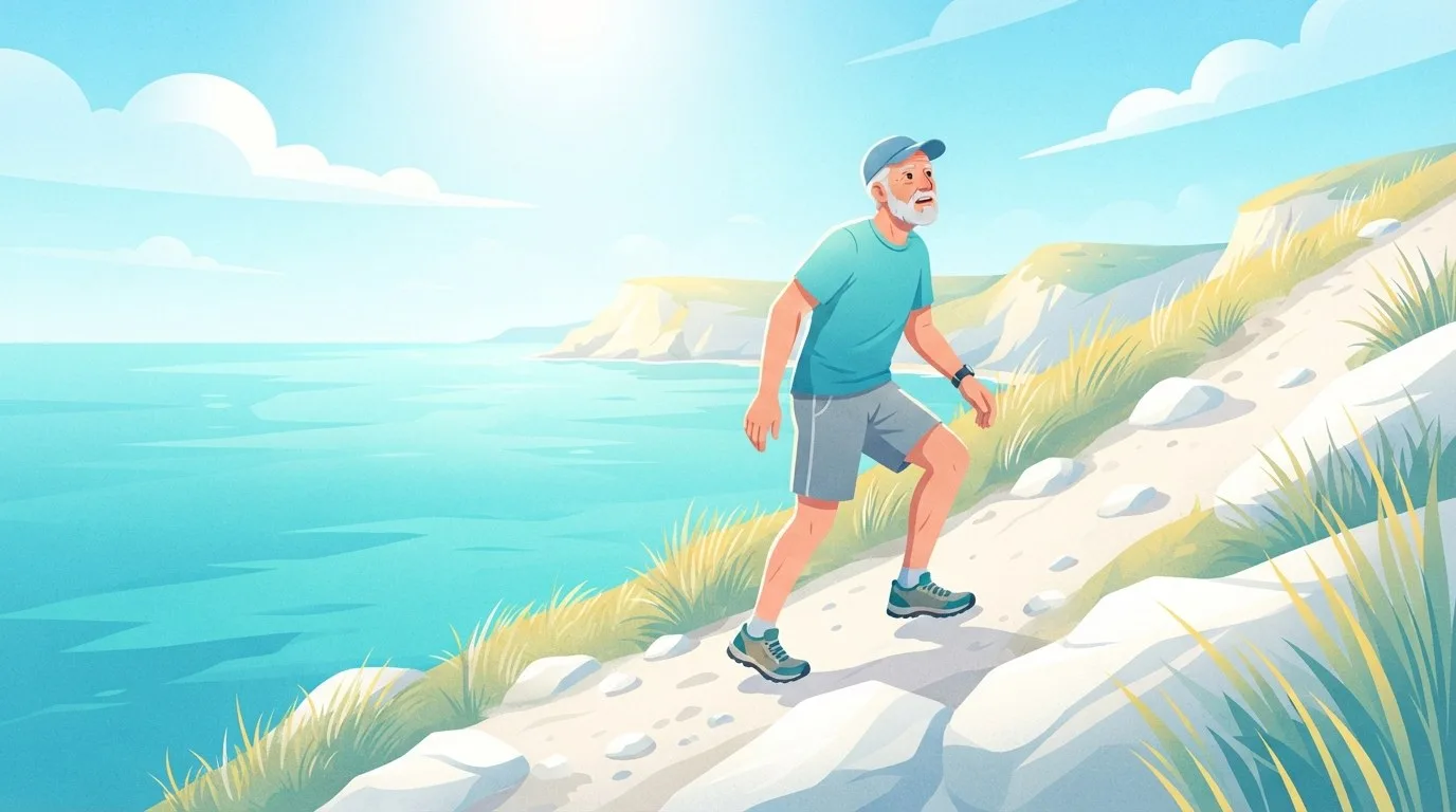 A man in his sixties climbing a steep sunny coastal footpath, leaning into the hill as his front foot plants higher than his back foot