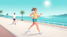 A woman in her forties walking briskly with long strides along a sunny seaside promenade, her calves and thighs working as she pushes off each step