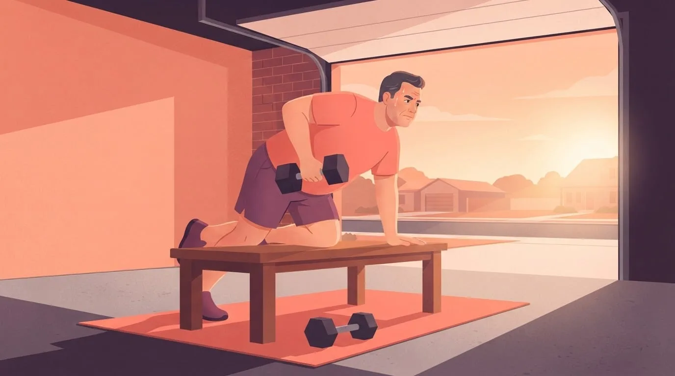 Medium view of a sweating man in his fifties doing a one-arm dumbbell row with one knee and one hand on a wooden bench, in a home garage with the door open to a sunrise sky and a second dumbbell on the mat