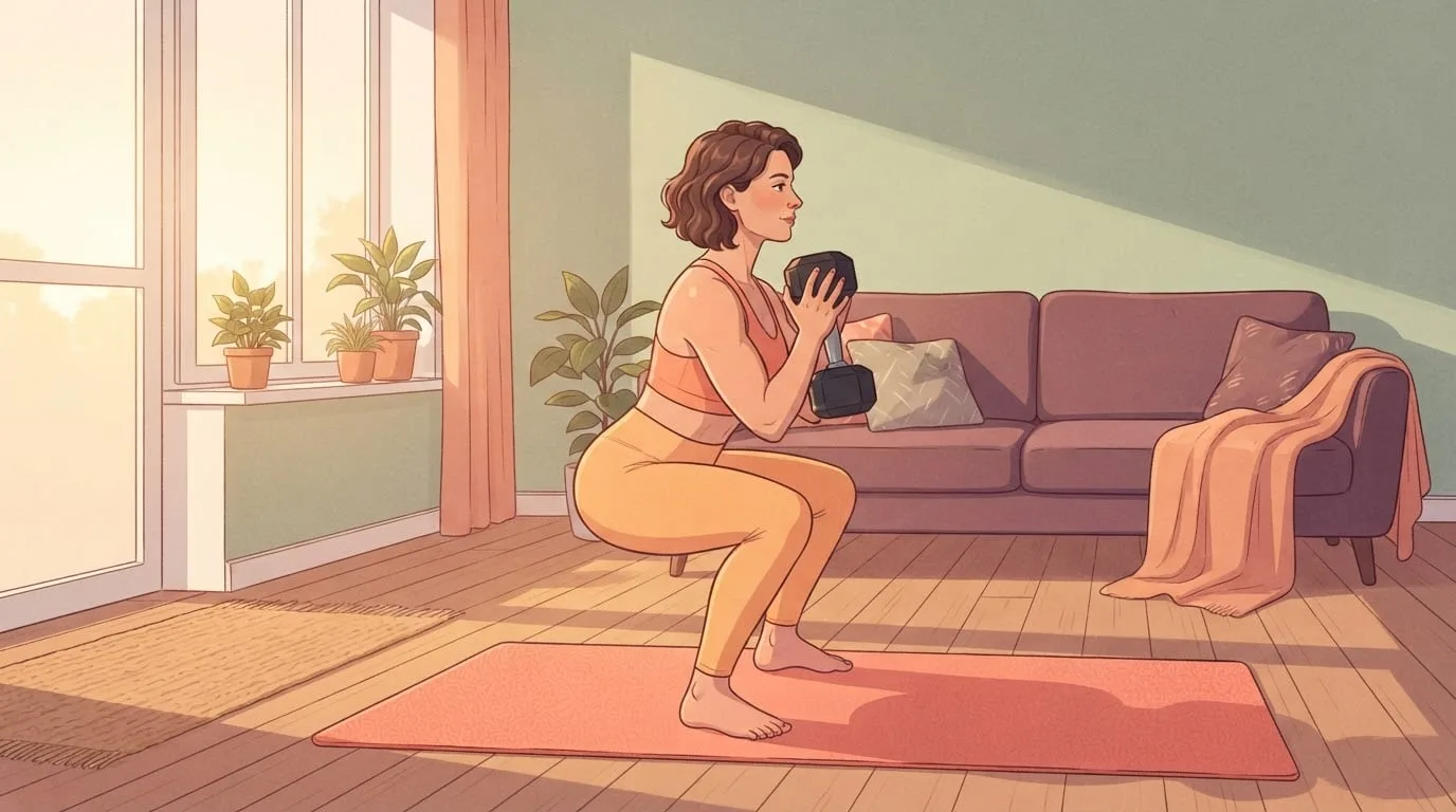 Wide view of a woman in a peach sports top doing a goblet squat with one hexagonal dumbbell held at her chest, on a coral mat in a sunlit living room at sunrise