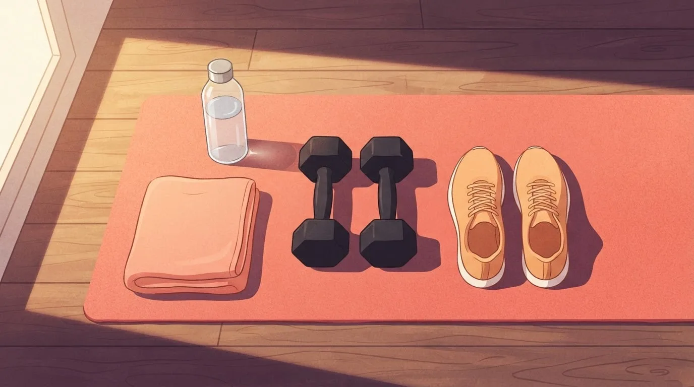 Overhead view of a pair of hexagonal dumbbells, a folded peach towel, a clear water bottle and a pair of plain sneakers laid out on a coral exercise mat in morning light