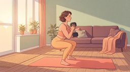 Wide view of a woman in a peach sports top doing a goblet squat with one hexagonal dumbbell held at her chest, on a coral mat in a sunlit living room at sunrise