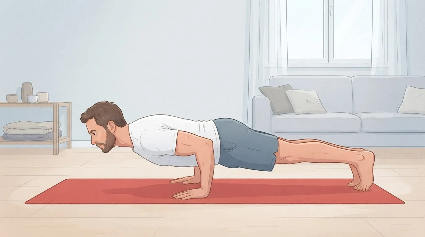 Ein bärtiger Mann senkt sich in seinem Wohnzimmer auf einer roten Yogamatte in den Chaturanga, die Ellbogen nah an den Rippen und der Körper in einer geraden Linie, die Yoga-Pose, die Brust, Schultern und Trizeps belastet
