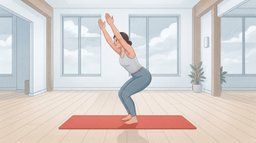 A woman holding chair pose on a red yoga mat in a bright studio, knees deeply bent and arms overhead, showing how yoga works the thighs against body weight like strength training