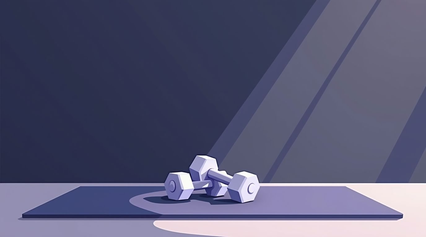 Halteres leves sobre um tapete em casa, prontos para um treino de força para iniciantes