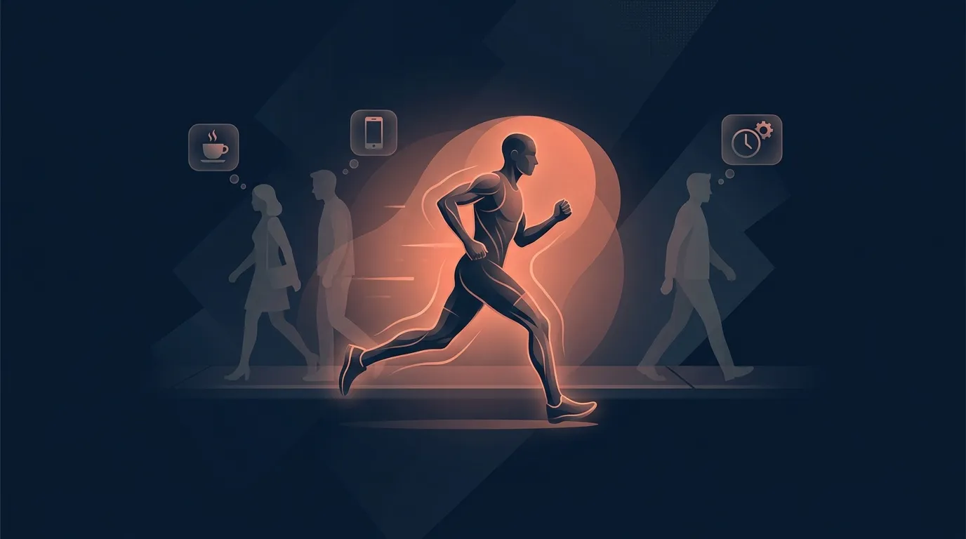 Editorial illustration of a self-conscious runner on a quiet street with passing pedestrians shown as faint figures absorbed in their own thoughts
