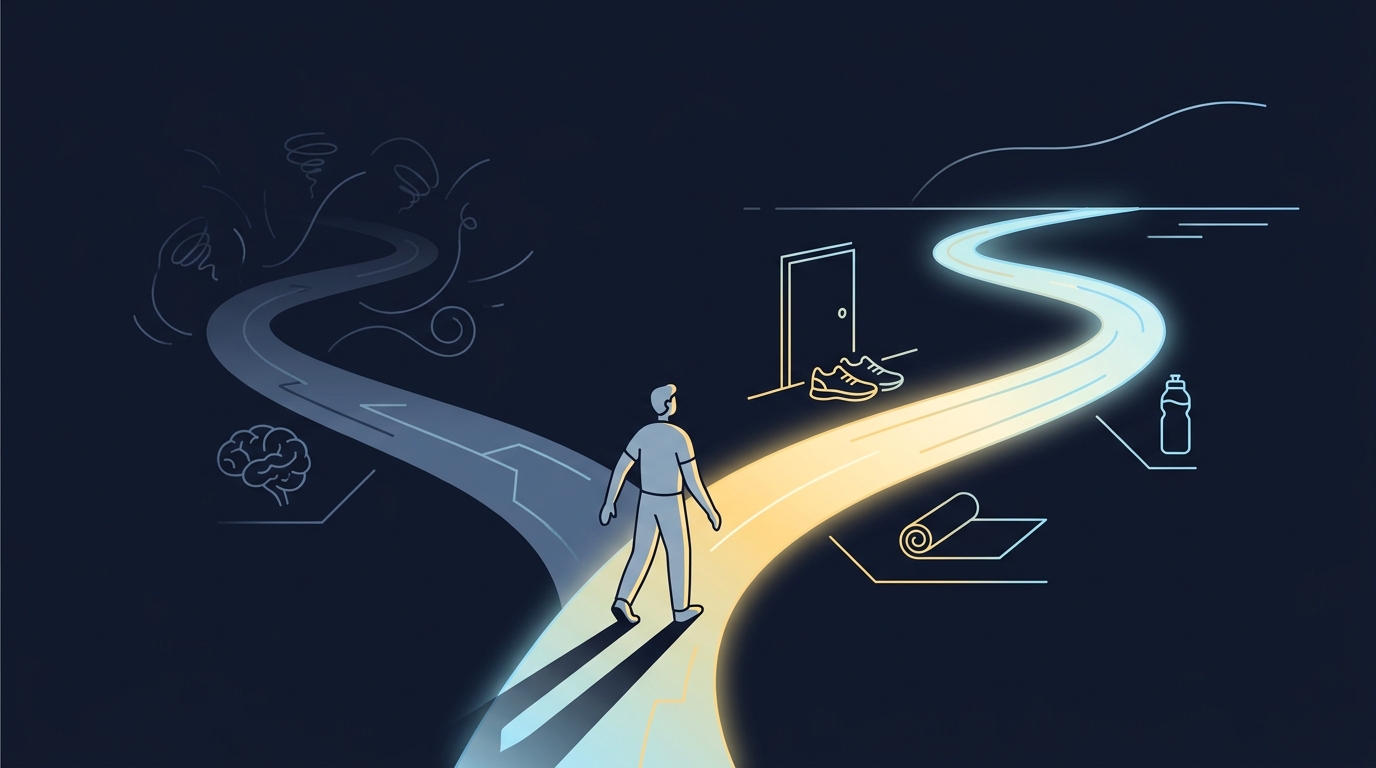 Illustration showing the concept of building exercise habits through systems and environment design rather than willpower