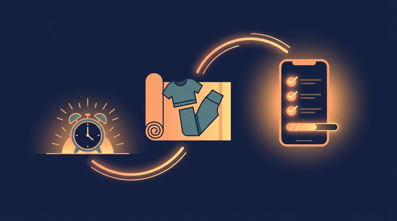 Illustration showing practical habit-building strategies including environment setup, tiny workouts, and streak tracking