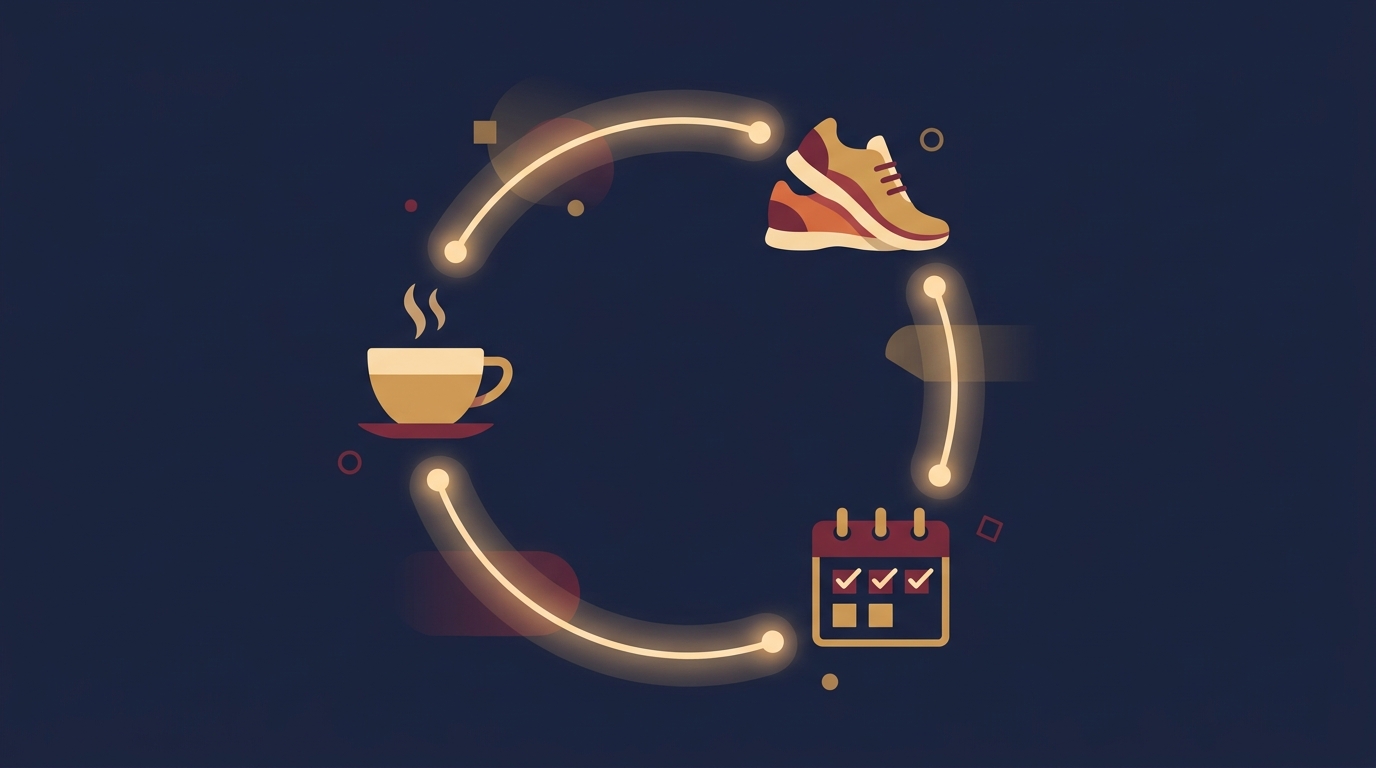 Illustration of habit formation systems showing environment cues, identity loops, and streak mechanics working together