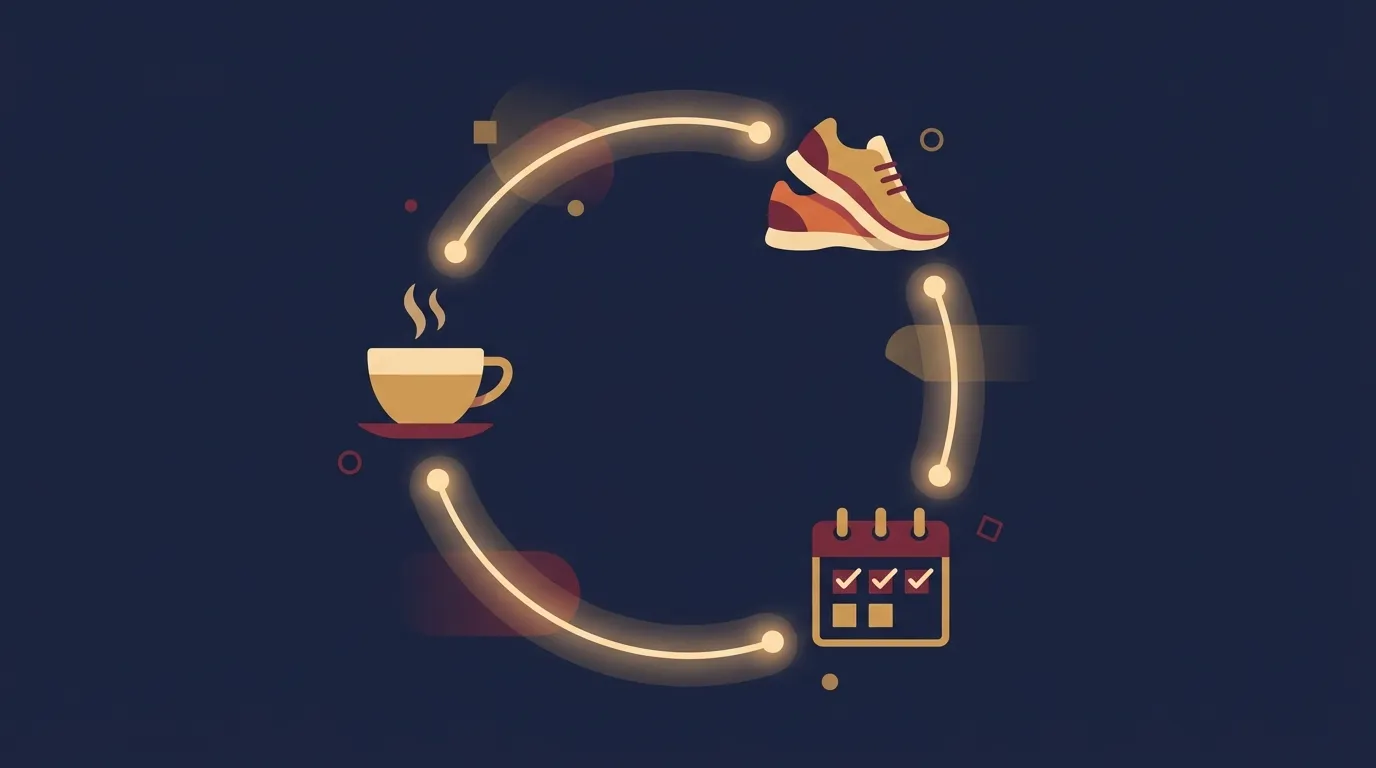 Ilustração dos sistemas de formação de hábitos mostrando gatilhos ambientais, loops de identidade e mecânicas de sequência trabalhando juntos