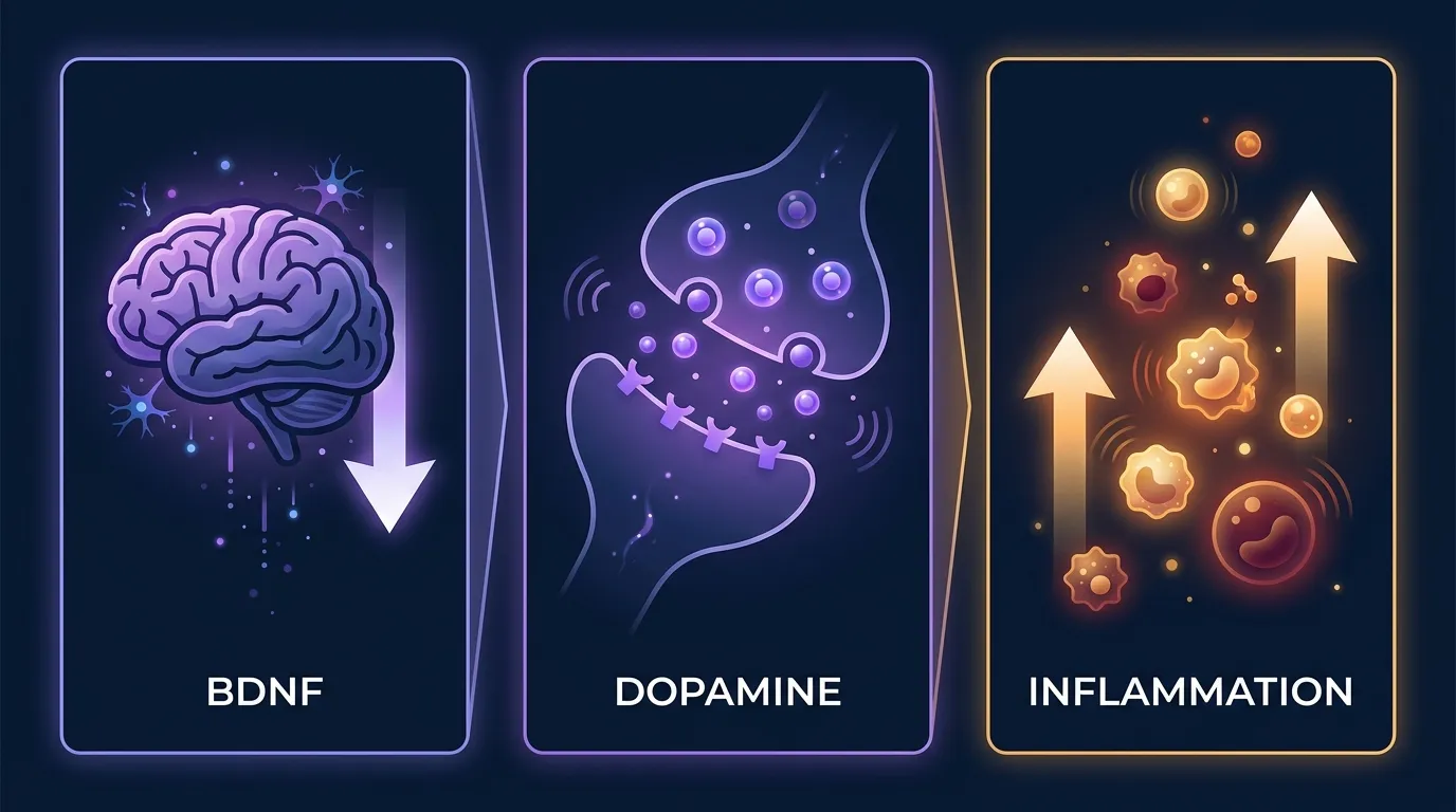 Conceptual illustration showing three mechanisms of exercise withdrawal: BDNF drop, dopamine signaling downshift, and rising inflammation markers