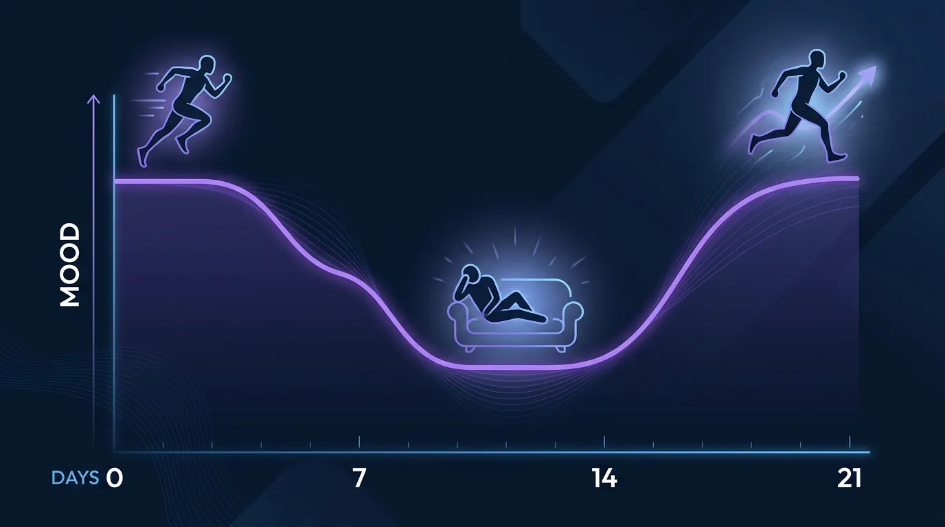 Conceptual illustration showing the mood drop curve over days after a habitual exerciser stops training, with depressive symptoms peaking around days 7 to 14