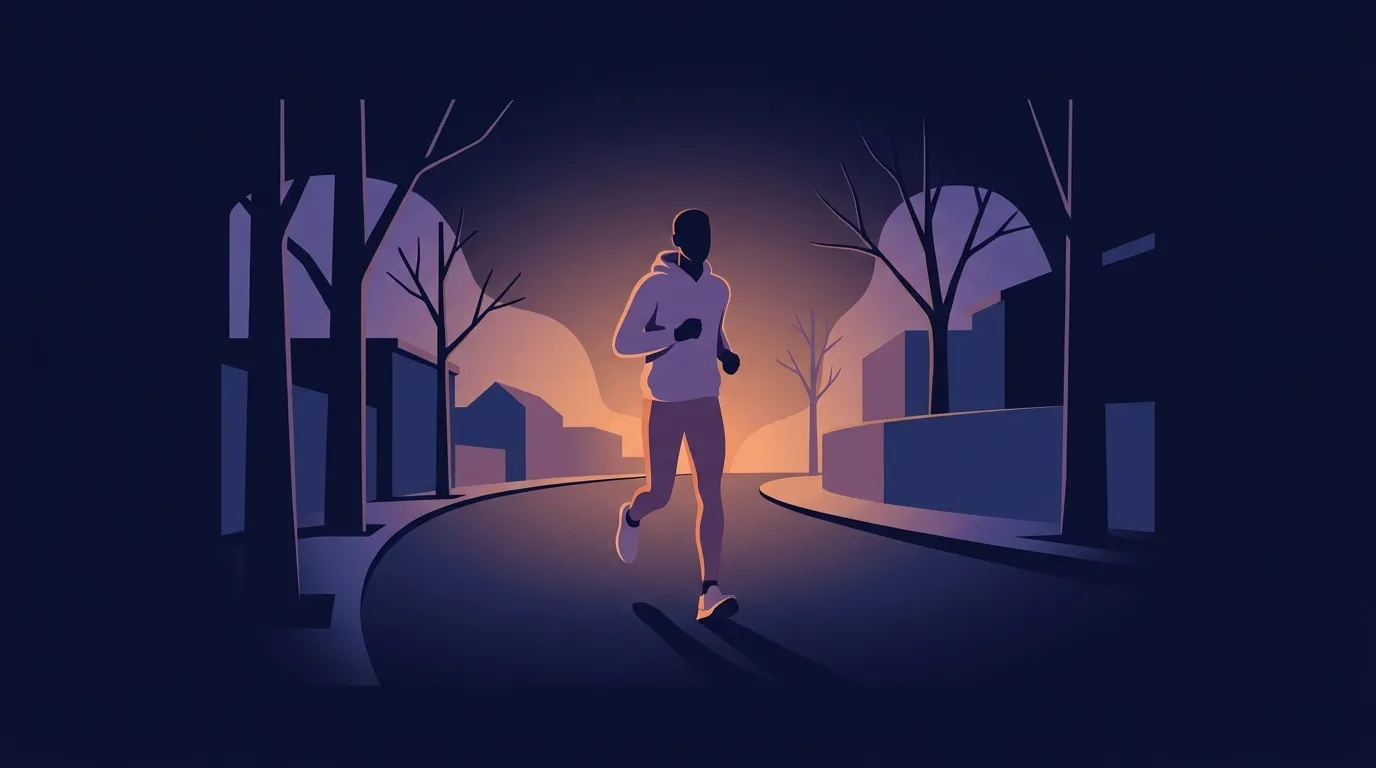Redaktionelle Illustration eines Erstläufers, der mit entspannter Atmung und langsamem Tempo eine ruhige Straße entlangläuft