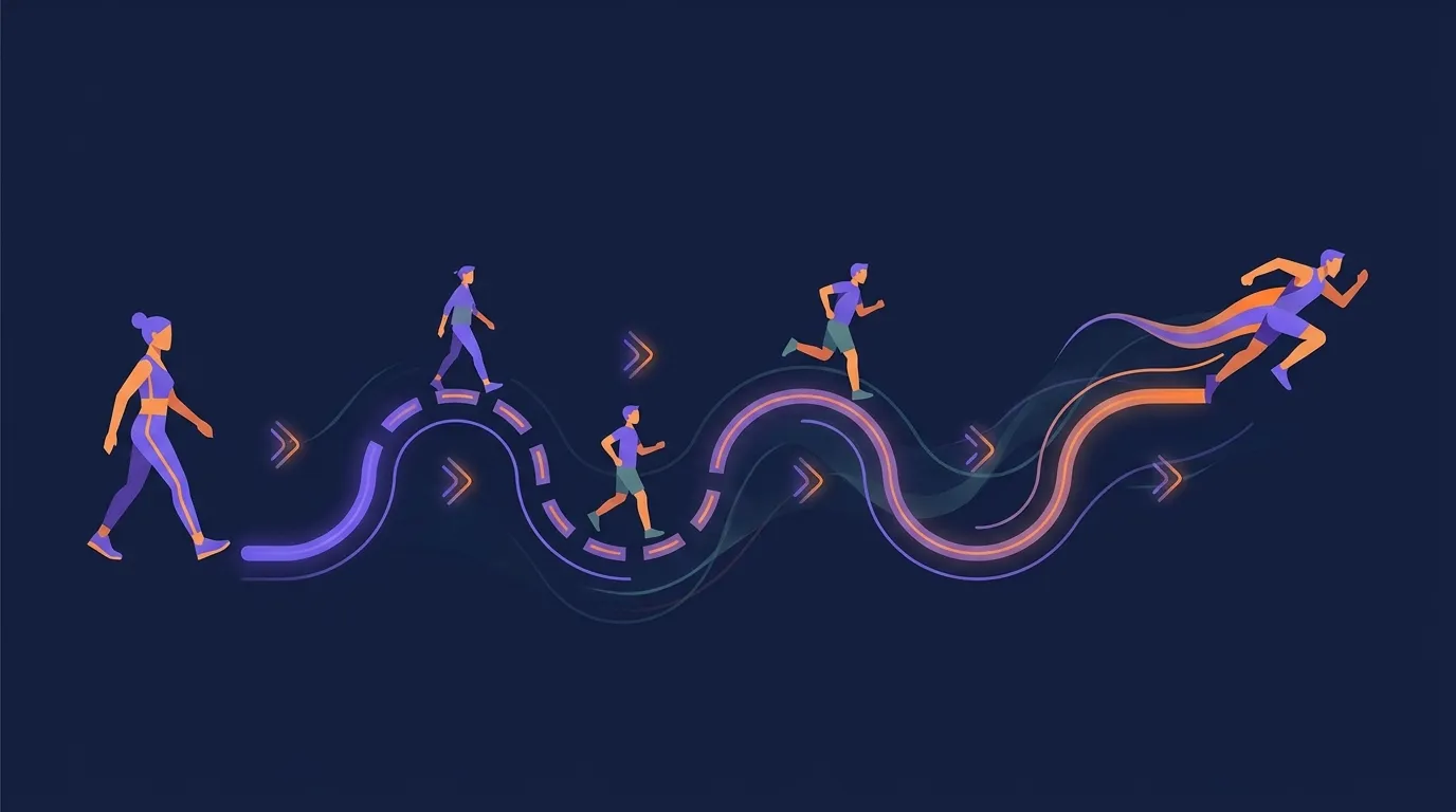 Redaktionelle Illustration einer Vier-Wochen-Geh-Lauf-Progression von kurzen Joggingintervallen zu kontinuierlichem Laufen