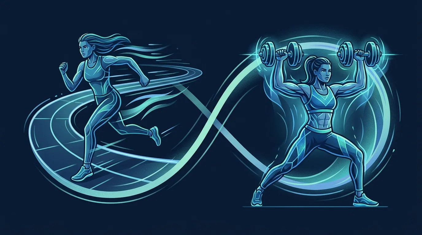 Redaktionelle Illustration, die kombiniertes Training aus Cardio und Kraft mit überlagerten Forschungsergebnissen zeigt