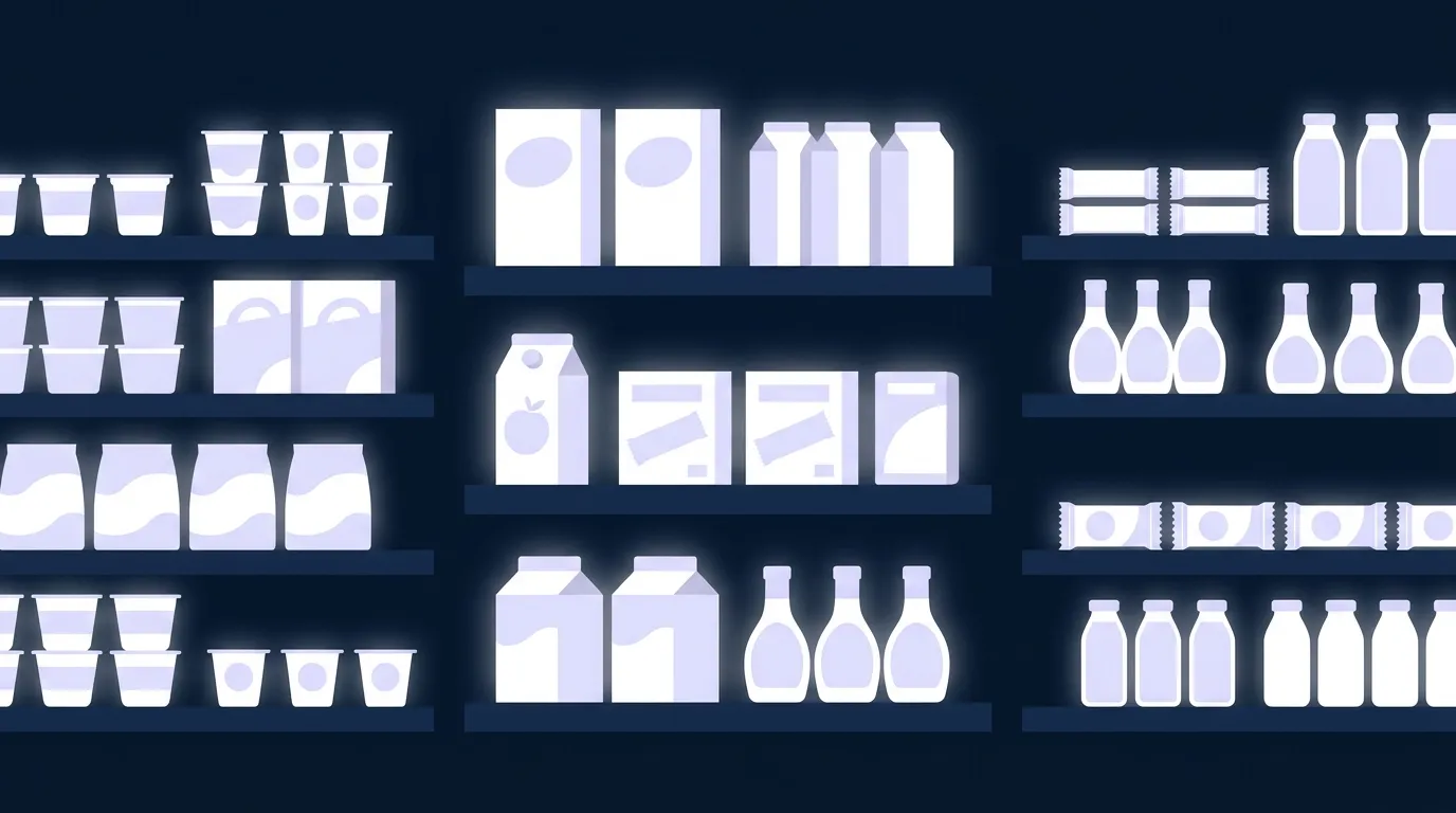 Editorial illustration of a row of grocery shelves with deceptively labeled health-halo products like flavored yogurt cups granola boxes fruit juice cartons and protein bars in dark navy editorial style