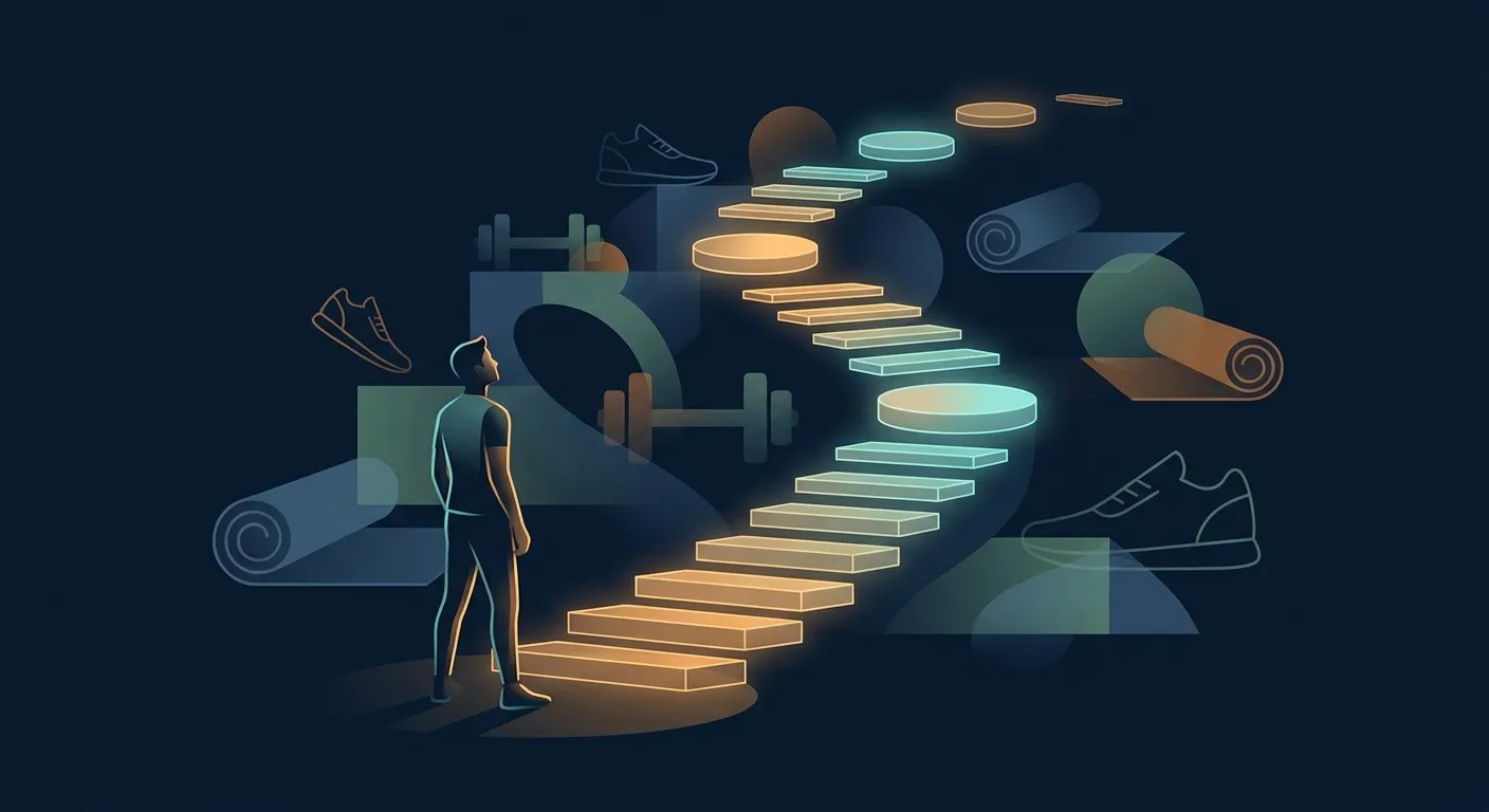 Illustration einer Person, die ihre Fitnessreise mit abgestuften Schritten wieder aufnimmt und einen progressiven Wiedereinstieg ins Training zeigt
