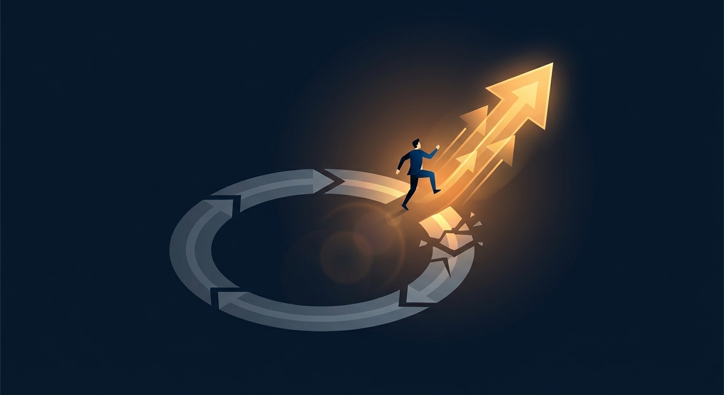 Illustration showing the cycle of restarting and quitting exercise, with a path breaking free through structured progression and accountability