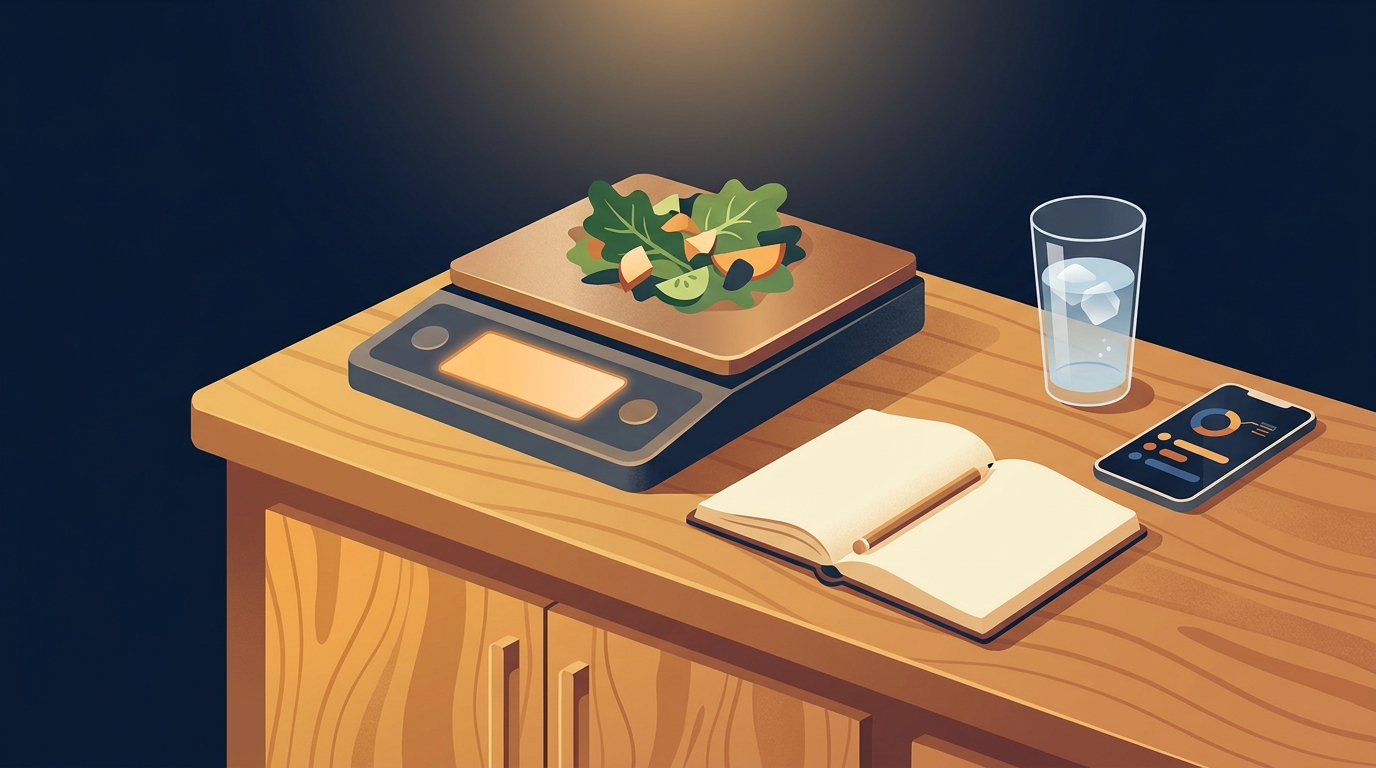 Conceptual illustration of a kitchen counter with a digital food scale, a small notebook, and a tracking app on a phone, suggesting measurement-based eating
