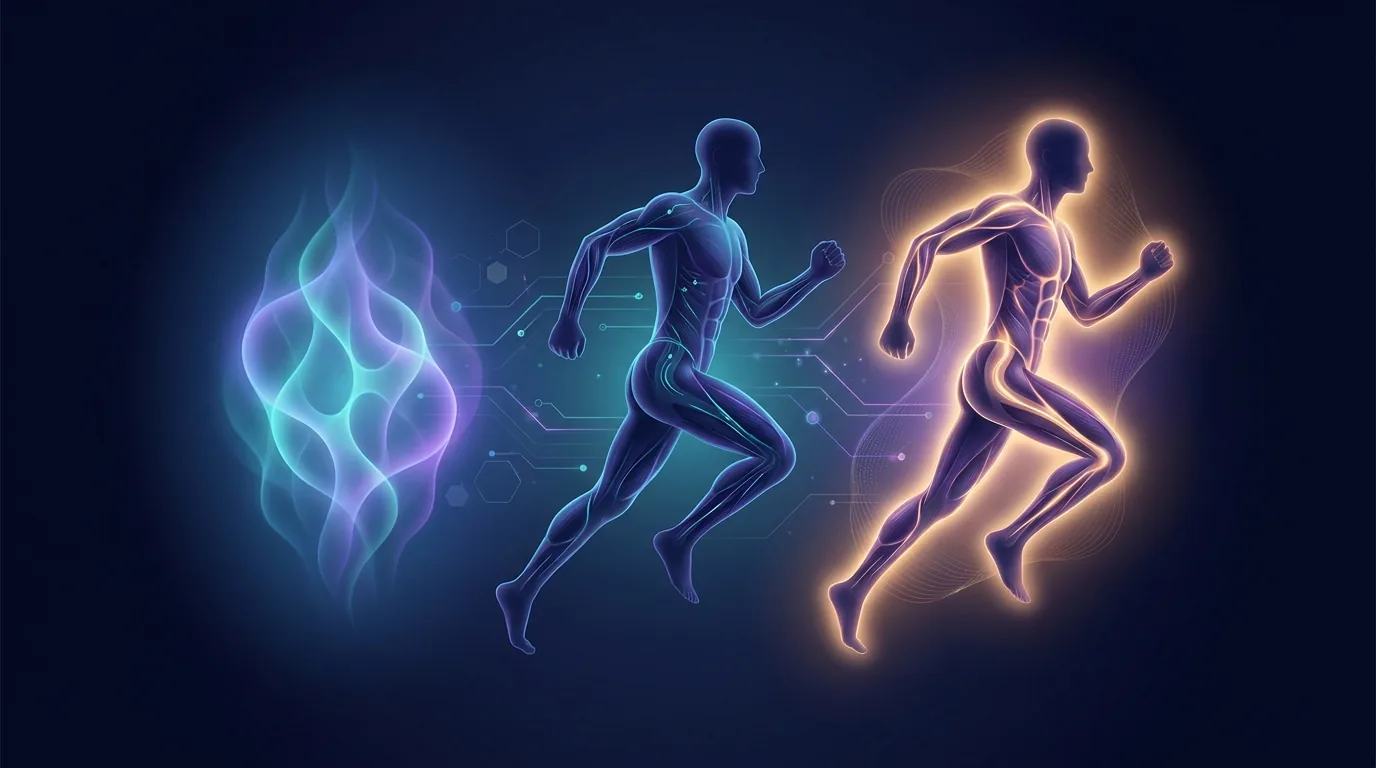 Conceptual visualization of the thermoregulation challenge during running showing how blood flow gets divided between working muscles and skin cooling in hot conditions versus consolidated to muscles in cool conditions
