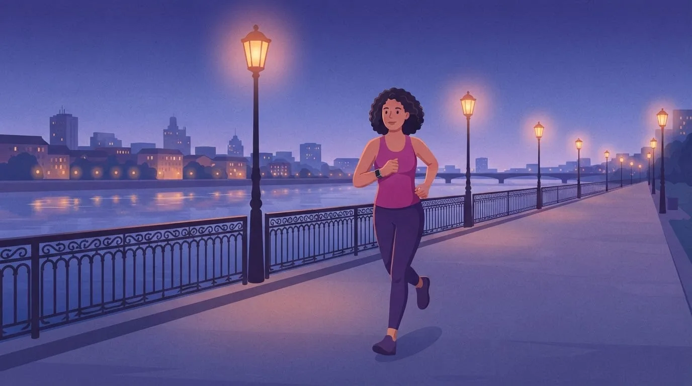 A woman in her thirties running along a lamp-lit riverside promenade at blue hour with a smartwatch on her wrist estimating the calories burned on her run