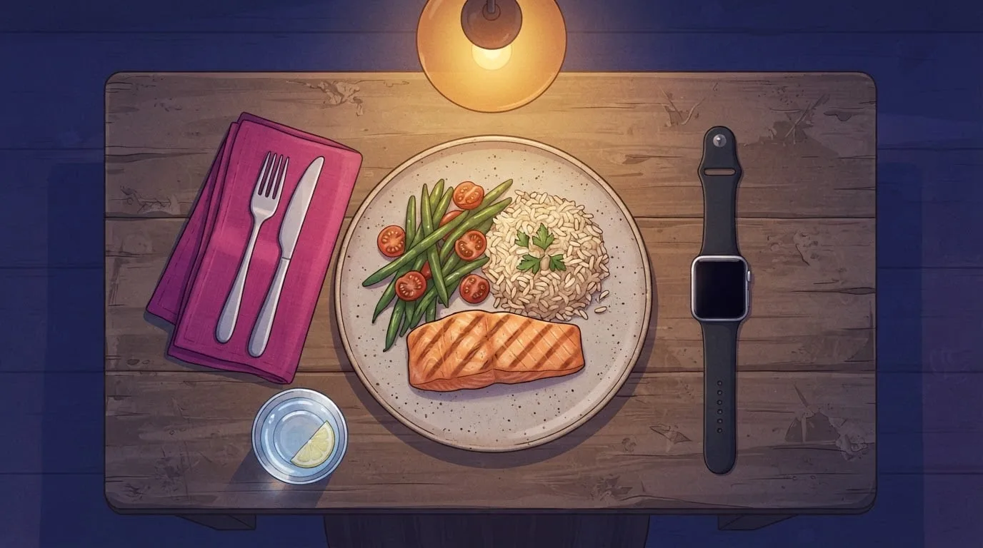Overhead view of an evening dinner plate of grilled salmon, rice and green beans beside a glass of water, a magenta napkin and a smartwatch with a blank screen