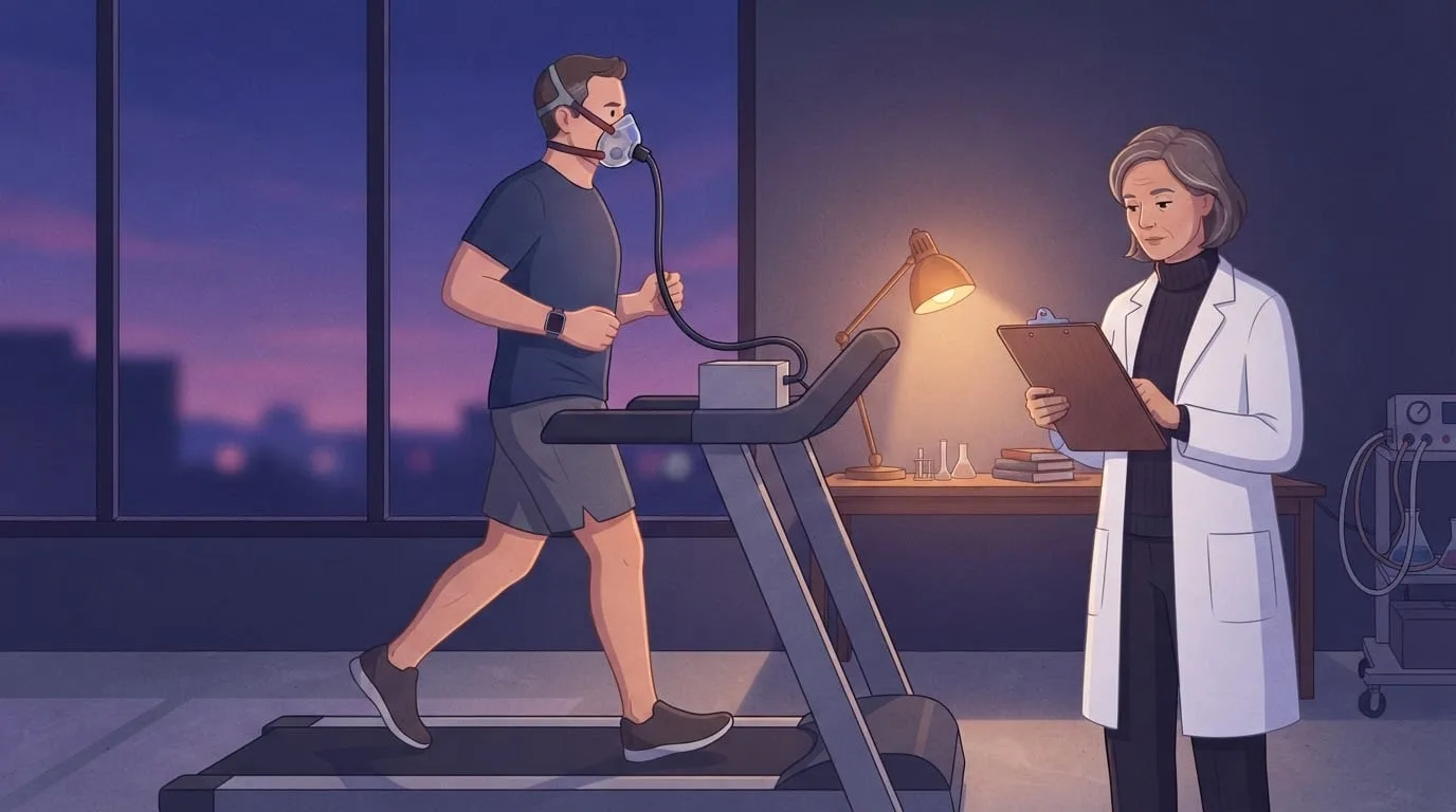 A man in his forties walking on a treadmill in an evening lab while wearing a breathing mask connected to a gas analyzer, as a researcher with a clipboard compares his watch's calorie estimate with his measured oxygen use