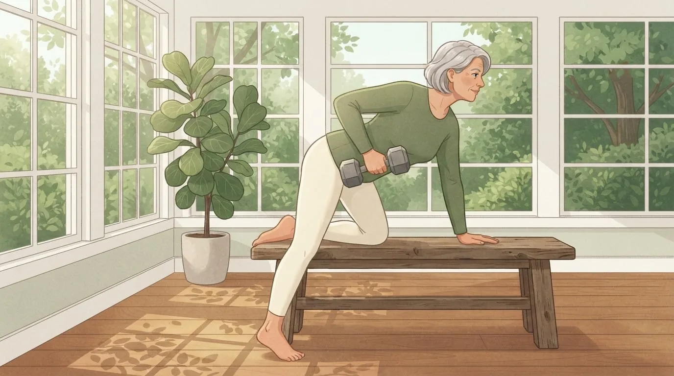 A woman in her late fifties doing a one-arm dumbbell row on a wooden bench in a leafy sunroom, a reminder that older muscle still grows with hard training