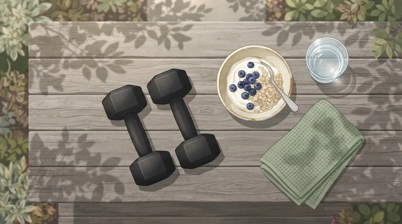 Overhead view of two plain dumbbells, a bowl of yogurt with oats and berries, a glass of water and a folded towel on garden deck boards in leaf shadow
