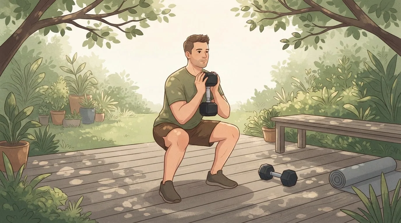 A man doing a goblet squat with a dumbbell on a leafy garden deck in dappled morning light, the kind of hard set that makes muscles grow