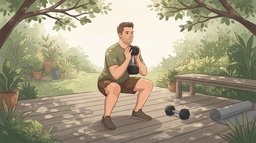 A man doing a goblet squat with a dumbbell on a leafy garden deck in dappled morning light, the kind of hard set that makes muscles grow