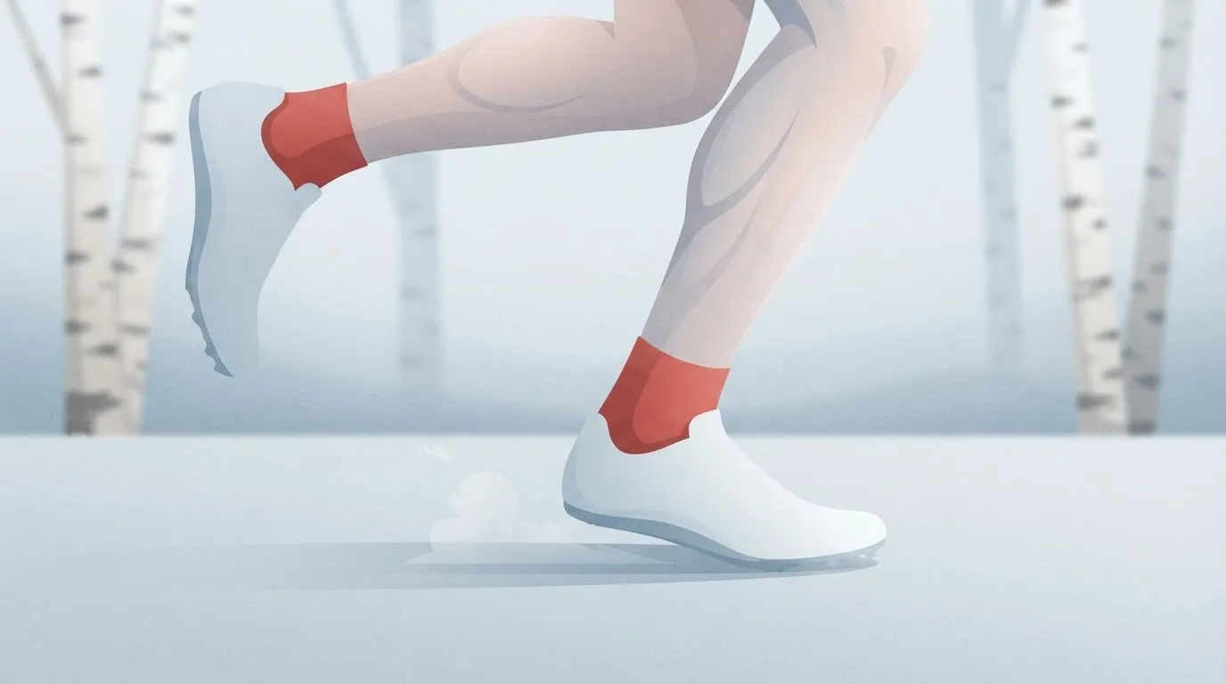 Close-up of a sprinter's lower legs in red socks and plain white spikes as the front foot strikes a pale grey surface, the moment that limits how fast a human can run