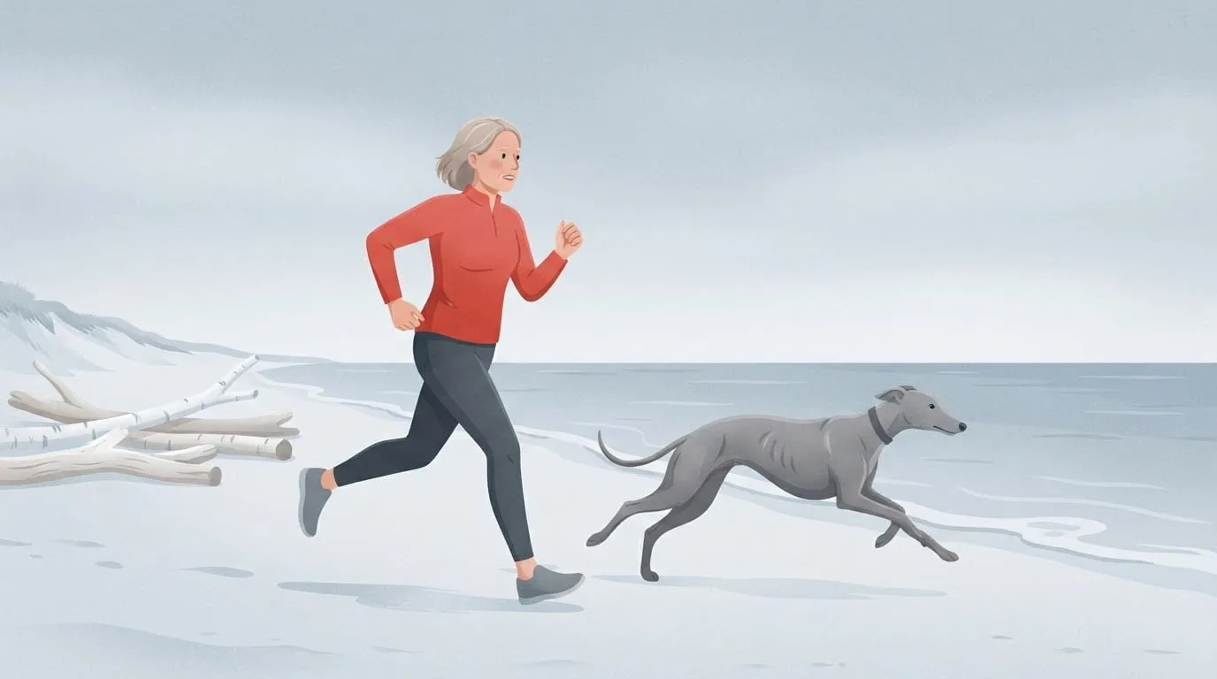 A grey-haired woman in a red running top running along wet sand on an overcast beach while a grey greyhound gallops a stride ahead of her, comparing human and animal running speed