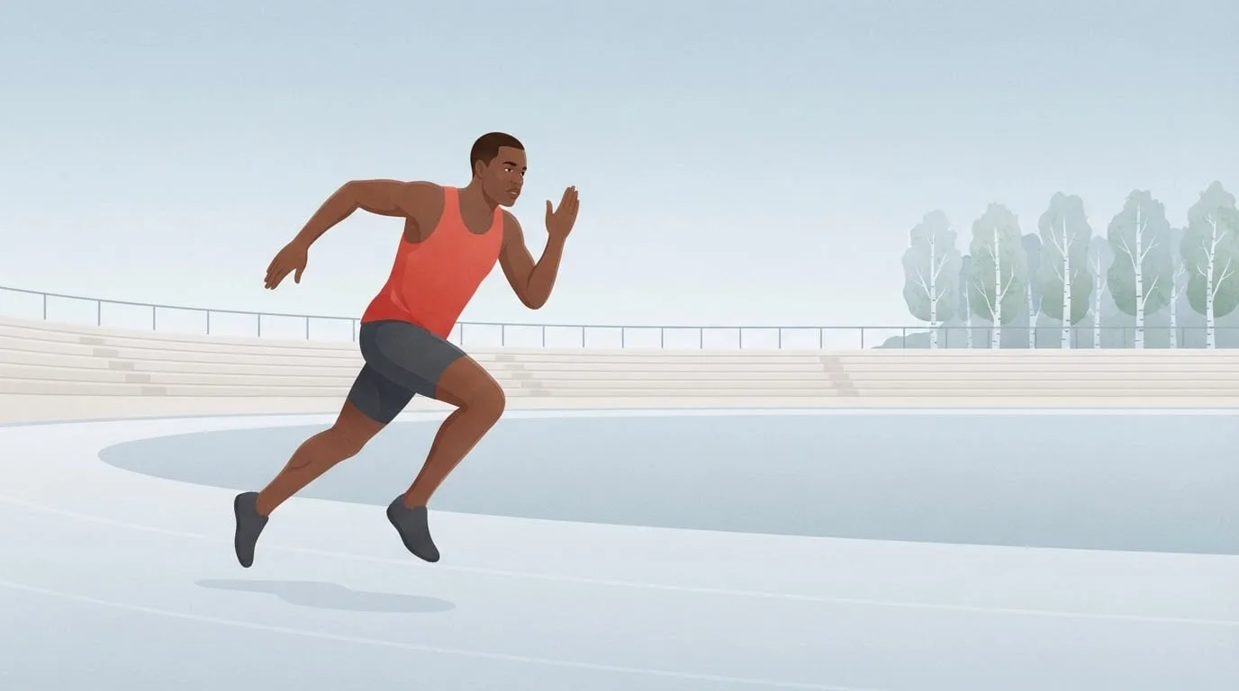 A male sprinter in a red singlet at full speed with both feet off the ground on an empty pale grey stadium straight under an overcast sky, showing how fast a human can run