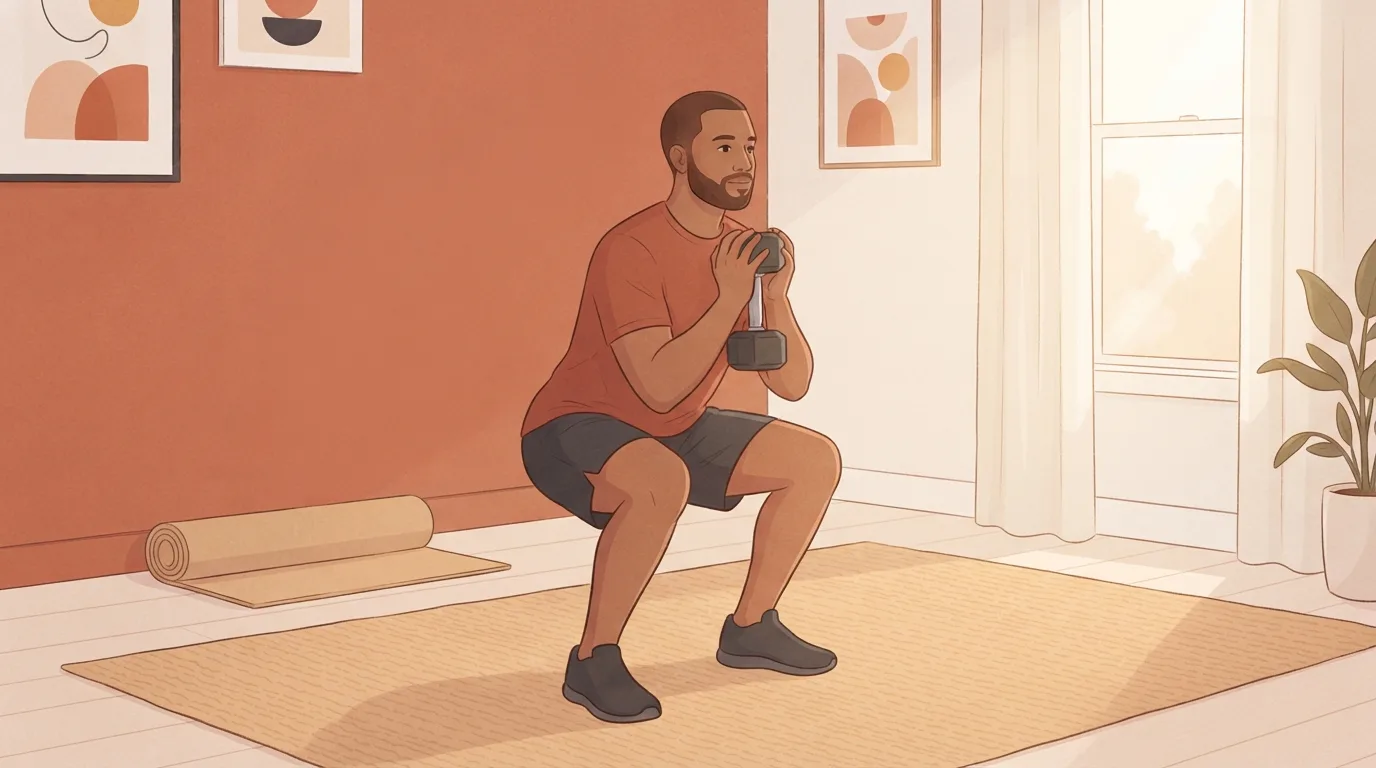 A bearded man in a terracotta t-shirt holding one dumbbell at his chest at the bottom of a goblet squat on a rug in a sunlit living room