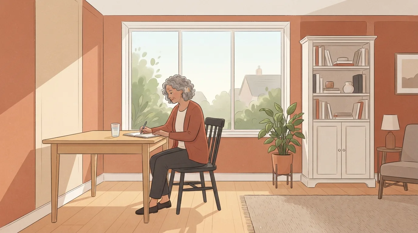 A woman in her fifties with grey curly hair writing in a notebook at a wooden desk by a large window in a terracotta-walled study, a glass of water beside her